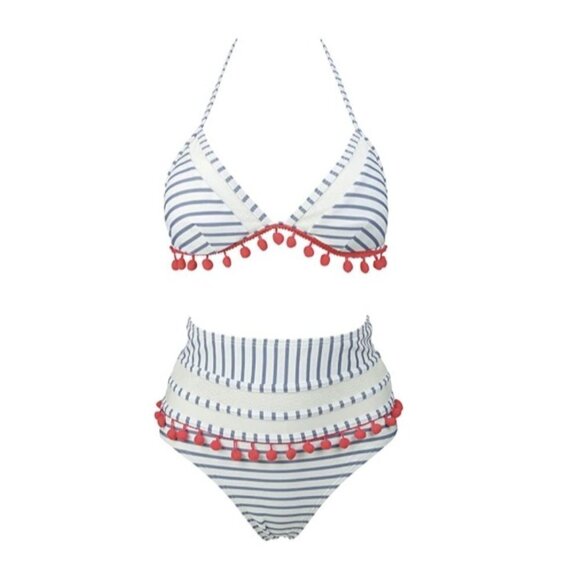 Cocoship Pom Pom Trim Striped High Waist Bikini Set White Light Slate Blue 8 New - Picture 1 of 11